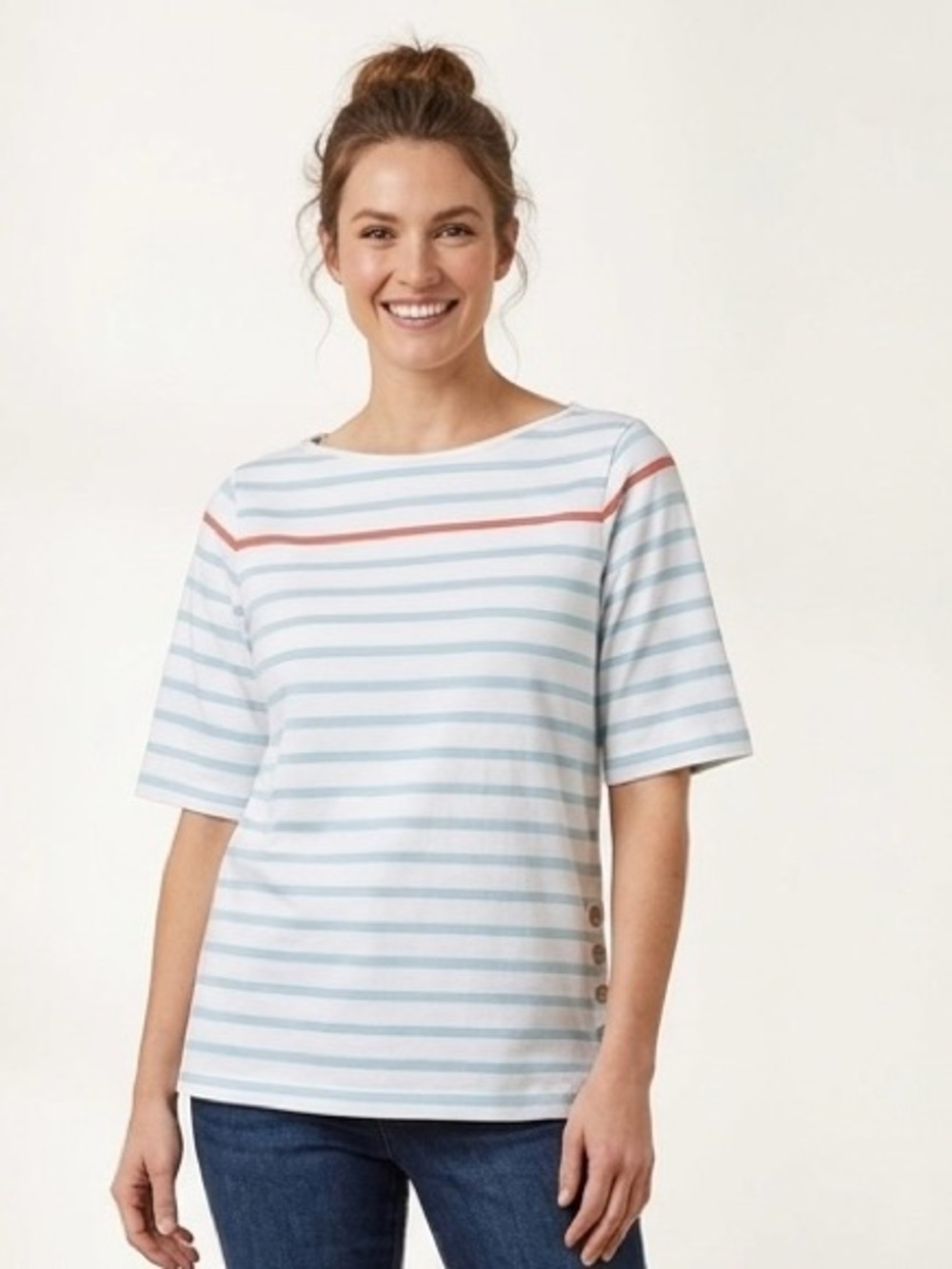 Orvis Crewneck Striped Tee in White, Light Blue and Red
